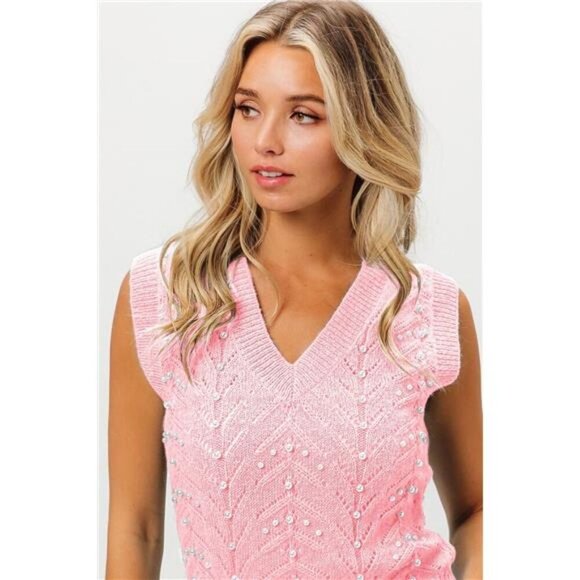 BiBi Chevron Pointelle Pearl Knit Top - Picture 1 of 3